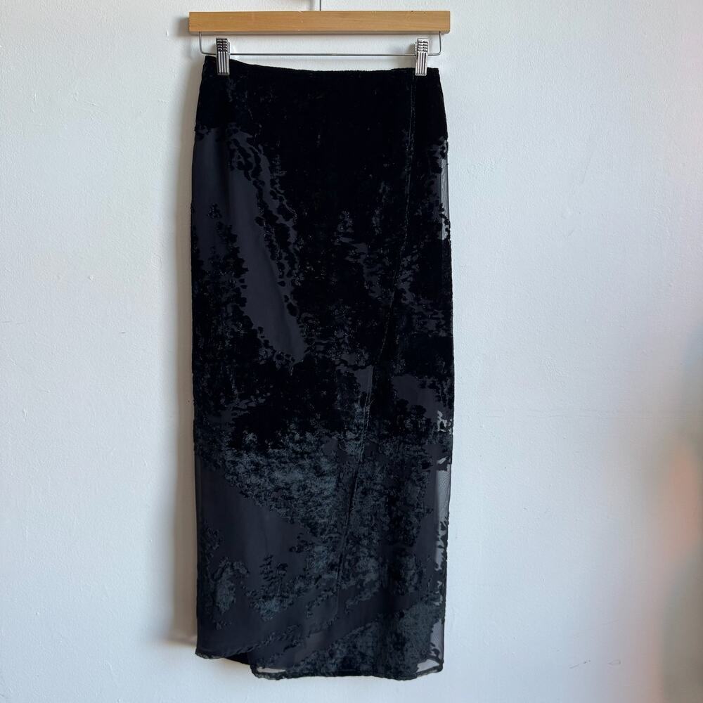 Vintage Black Velvet Burnout Maxi Wrap Skirt